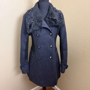 Guess Charcoal Wool Blend Peacoat Faux Fur Collar Double Breasted Coat